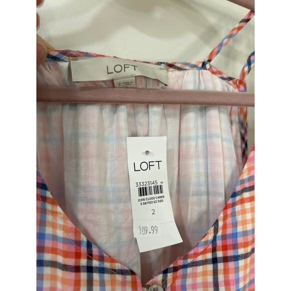 Loft NWT Women’s Size 2 Pink Plaid Strappy Button Midi Shiff Dress 100% Cotton - Picture 3 of 5